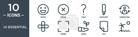 ui essentiel ensemble d'icônes de contour comprend mince ligne heureux, croix, aide, mettre en évidence, consultation,, icônes de cadre pour rapport, présentation, diagramme, conception web