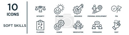 soft skills set d'icônes telles que l'intégrité de la ligne mince, ressource, broche, humour, persuasif, facile, la planification des icônes pour le rapport, présentation, diagramme, conception web