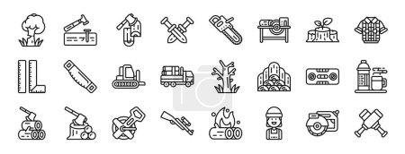 set of 24 outline web lumberjack icons such as tree, hammer, wood, knife, chainsaw, circular saw, wood vector icons for report, presentation, diagram, web design, mobile app