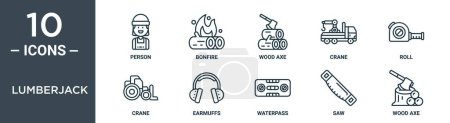lumberjack outline icon set includes thin line person, bonfire, wood axe, crane, roll, crane, earmuffs icons for report, presentation, diagram, web design