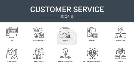 set of 10 outline web customer service icons such as ui, performance, stats, report, workflow, customer, assistance vector icons for report, presentation, diagram, web design, mobile app