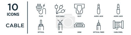 Ilustración de Conjunto de iconos de contorno de cable, como enchufe de línea delgada, ranura, conector de audio, cable, fibra óptica, carrete de cable, iconos ópticos para informe, presentación, diagrama, diseño web - Imagen libre de derechos