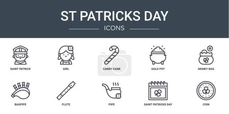 Illustration for Set of 10 outline web st patricks day icons such as saint patrick, girl, candy cane, gold pot, money bag, bagpipe, flute vector icons for report, presentation, diagram, web design, mobile app - Royalty Free Image