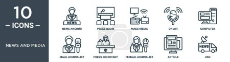 l'ensemble d'icônes de contour de nouvelles et de médias comprend l'ancre de nouvelles de ligne mince, salle de presse, médias de masse, sur l'air, ordinateur, journaliste masculin, icônes d'attaché de presse pour le rapport, présentation, diagramme, conception de site Web
