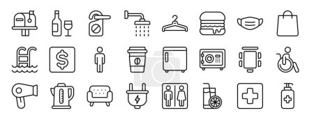 Illustration for Set of 24 outline web hotel icons such as mail, wine, do not disturb, shower, coat hanger, burger, face mask vector icons for report, presentation, diagram, web design, mobile app - Royalty Free Image