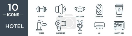 hotel outline icon set includes thin line fitness, quiet, face mask, no entry, coffee, water, hair dryer icons for report, presentation, diagram, web design