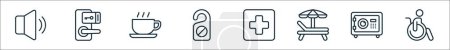 Ilustración de Esquema conjunto de iconos de la línea del hotel. iconos de vectores lineales como silencio, tarjeta de acceso, café, sin entrada, primeros auxilios, silla de piscina, caja de seguridad, silla de ruedas - Imagen libre de derechos