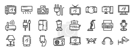 set of 24 outline web electronics icons such as microwave, air conditioner, speaker, plug cable, tv antenna, digital camera, computer desktop vector icons for report, presentation, diagram, web