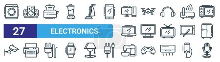 set of 27 outline web electronics icons such as washing hine, speaker, toaster, camera drone, monitor display, printer, mixer, microphone vector thin line icons for web design, mobile app.