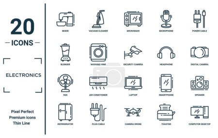 Elektronik linearen Symbolsatz. umfasst Dünnschichtmixer, Mixer, Ventilator, Kühlschrank, Computer-Desktop, Überwachungskamera, Lautsprechersymbole für Bericht, Präsentation, Diagramm, Webdesign