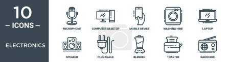 jeu d'icônes de contour électronique comprend microphone à ligne mince, ordinateur de bureau, appareil mobile, machine à laver, ordinateur portable, haut-parleur, icônes de câble de prise pour rapport, présentation, diagramme, conception web