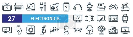 set of 27 outline web electronics icons such as tv antenna, printer, mixer, microphone, digital camera, mobile device, camera drone, laptop vector thin line icons for web design, mobile app.