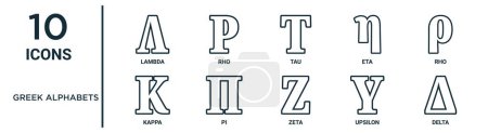 conjunto de iconos de esquema de alfabetos griegos como lambda de línea delgada, tau, rho, pi, upsilon, delta, iconos kappa para informe, presentación, diagrama, diseño web