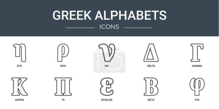 Satz von 10 umrissenen griechischen Web-Alphabeten Symbole wie eta, rho, nu, delta, gamma, kappa, pi-Vektorsymbole für Bericht, Präsentation, Diagramm, Webdesign, mobile App