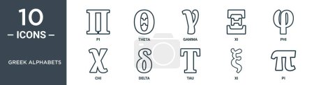 Griego alfabetos esquema icono conjunto incluye línea delgada pi, theta, gamma, xi, phi, chi, delta iconos para el informe, presentación, diagrama, diseño web