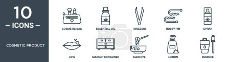 cosmetic product outline icon set includes thin line cosmetic bag, essential oil, tweezers, bobby pin, spray, lips, makeup container icons for report, presentation, diagram, web design