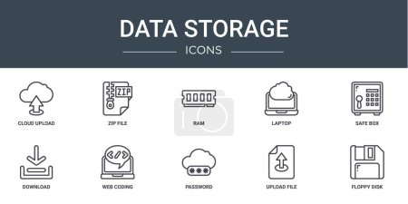set of 10 outline web data storage icons such as cloud upload, zip file, ram, laptop, safe box, download, web coding vector icons for report, presentation, diagram, web design, mobile app