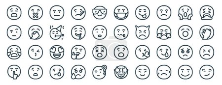 Illustration for Set of 40 outline web smiley icons such as shut up, doubt, cry, shh, yawn, vomit, mask icons for report, presentation, diagram, web design, mobile app - Royalty Free Image