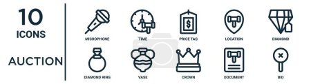 auction outline icon set such as thin line microphone, price tag, diamond, vase, document, bid, diamond ring icons for report, presentation, diagram, web design