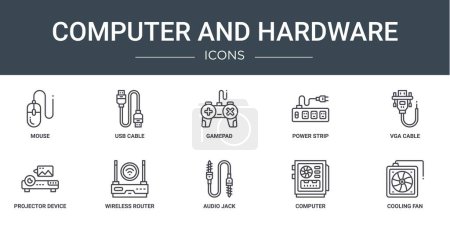 set of 10 outline web computer and hardware icons such as mouse, usb cable, gamepad, power strip, vga cable, projector device, wireless router vector icons for report, presentation, diagram, web