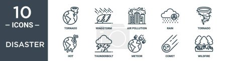 Das Katastrophen-Symbolset beinhaltet Thin Line Tornado, Windsturm, Luftverschmutzung, Regen, Tornado, heiß, Blitz-Symbole für Bericht, Präsentation, Diagramm, Webdesign