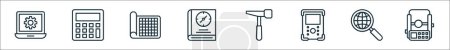 outline set of geodetic survey line icons. linear vector icons such as web tings, calculator, sketch, book, hammer, field controller, search data, tacheometer