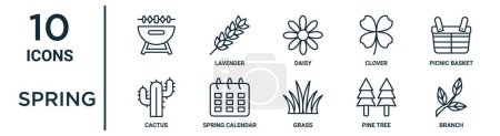 spring outline icon set such as thin line , daisy, picnic basket, spring calendar, pine tree, branch, cactus icons for report, presentation, diagram, web design