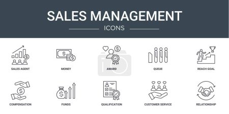 set of 10 outline web sales management icons such as sales agent, money, award, queue, reach goal, compensation, funds vector icons for report, presentation, diagram, web design, mobile app