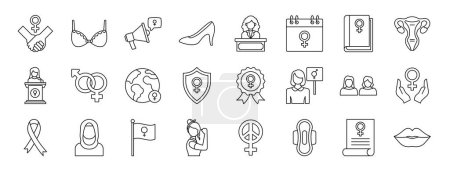 Illustration for Set of 24 outline web feminism icons such as hands, bra, megaphone, footwear, girl, calendar, book vector icons for report, presentation, diagram, web design, mobile app - Royalty Free Image