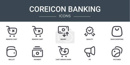 set of 10 outline web coreicon banking icons such as remove cart, remove cart, money, quality, bags shopping, wallet, payment vector icons for report, presentation, diagram, web design, mobile app