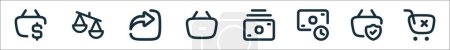 outline set of coreicon banking line icons. linear vector icons such as usd, compare, share, basket, payment, late payment, protect, remove cart