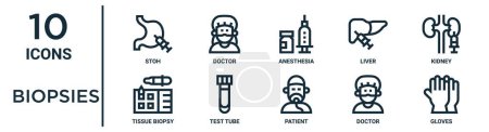 Téléchargez les illustrations : Ensemble d'icônes de contour de biopsies telles que poêle à ligne mince, anesthésie, rein, éprouvette, médecin, gants, icônes de biopsie tissulaire pour rapport, présentation, diagramme, conception Web - en licence libre de droit