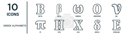 greek alphabets outline icon set such as thin line beta, omega, nu, eta, delta, epsilon, pi icons for report, presentation, diagram, web design