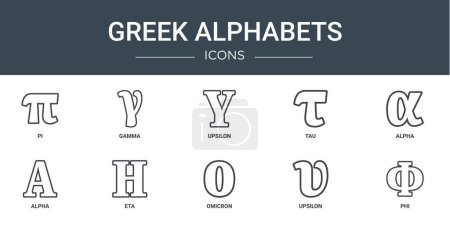 Illustration for Set of 10 outline web greek alphabets icons such as pi, gamma, upsilon, tau, alpha, alpha, eta vector icons for report, presentation, diagram, web design, mobile app - Royalty Free Image