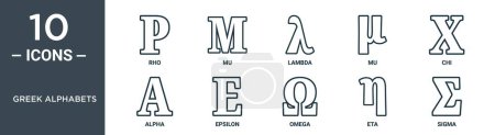 conjunto de iconos de esquema de alfabetos griegos incluye rho línea delgada, mu, lambda, mu, chi, alfa, iconos de epsilon para el informe, presentación, diagrama, diseño web