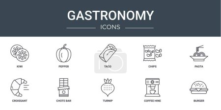 set of 10 outline web gastronomy icons such as kiwi, pepper, taco, chips, pasta, croissant, chote bar vector icons for report, presentation, diagram, web design, mobile app