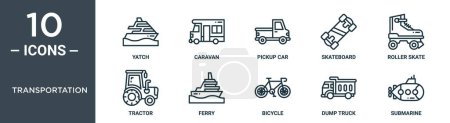 Transport Outline Icon Set beinhaltet dünne Linie Yatch, Wohnwagen, Pickup-Auto, Skateboard, Rollschuh, Traktor, Fähre Symbole für Bericht, Präsentation, Diagramm, Webdesign
