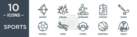 Illustration for Sports outline icon set includes thin line archery, bowling, snowboard, strategy, hockey, football, canoe icons for report, presentation, diagram, web design - Royalty Free Image
