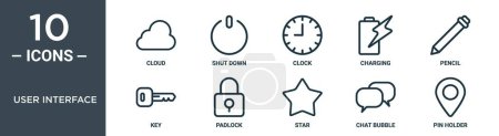 user interface outline icon set includes thin line cloud, shut down, clock, charging, pencil, key, padlock icons for report, presentation, diagram, web design