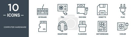 equipo hardware esquema icono conjunto incluye teclado de línea delgada, psu, dvd rom, disquete, enchufe,, iconos de auriculares para el informe, presentación, diagrama, diseño web