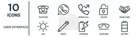 user interface outline icon set such as thin line telephone, missed call, shake hand, pencil, telephone, battery, sun icons for report, presentation, diagram, web design