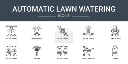 set of 10 outline web automatic lawn watering icons such as water spray, water spray, water spray, lawn mower, broom vector icons for report, presentation, diagram, web design, mobile app