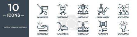 automatic lawn watering outline icon set includes thin line lawn mower, water spray, water spray, wheel barrow, water spray, lawn mower icons for report, presentation, diagram, web design