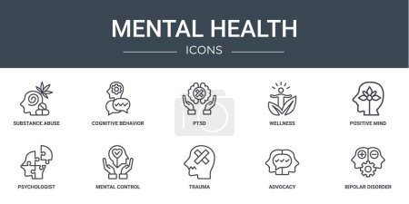 set of 10 outline web mental health icons such as substance abuse, cognitive behavior, ptsd, wellness, positive mind, psychologist, mental control vector icons for report, presentation, diagram, web