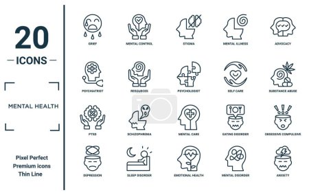 Illustration for Mental health linear icon set. includes thin line grief, psychiatrist, ptsd, depression, anxiety, psychologist, obsessive compulsive disorder icons for report, presentation, diagram, web design - Royalty Free Image