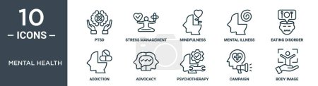 Illustration for Mental health outline icon set includes thin line ptsd, stress management, mindfulness, mental illness, eating disorder, addiction, advocacy icons for report, presentation, diagram, web design - Royalty Free Image