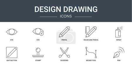 set of 10 outline web design drawing icons such as eye, eye, pencil, ruler and pencil, spray, edit button, stamp vector icons for report, presentation, diagram, web design, mobile app