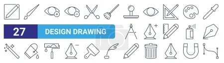 set of 27 outline web design drawing icons such as edit button, paint brush, eye, eye, pen, bucket, pencil, bezier tool vector thin line icons for web design, mobile app.