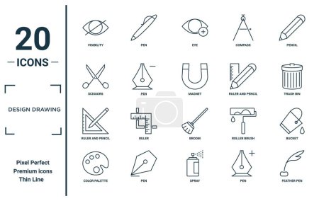 design drawing linear icon set. includes thin line visibility, scissors, ruler and pencil, color palette, feather pen, magnet, bucket icons for report, presentation, diagram, web design