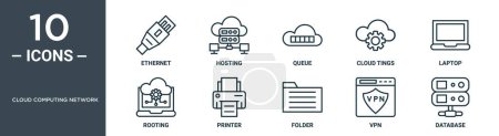 Cloud-Computing-Netzwerk umreißt Symbolset umfasst dünne Linie Ethernet, Hosting, Warteschlange, Cloud-Tings, Laptop, Verwurzelung, Druckersymbole für Bericht, Präsentation, Diagramm, Webdesign